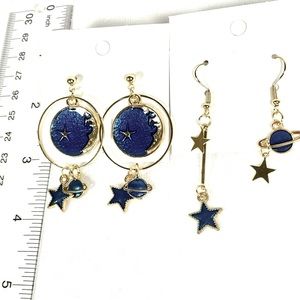 2 Pair Celestial Earrings Blue and Gold
